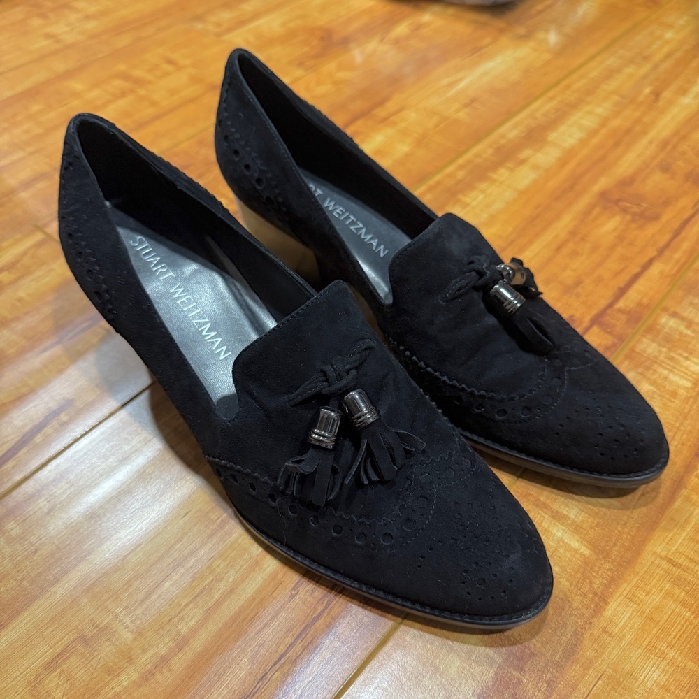 Stuart Weitzman Black Suede Tassel Heeled Loafer
